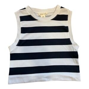 Happily‎ Grey Striped Sleeveless Ribbed Knit Tank Top Cropped Casual Comfy